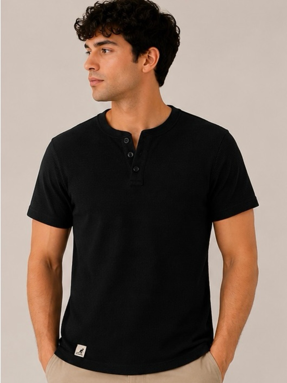 Kangol Black Textured Henley T-Shirt Men's Medium Casual Tee